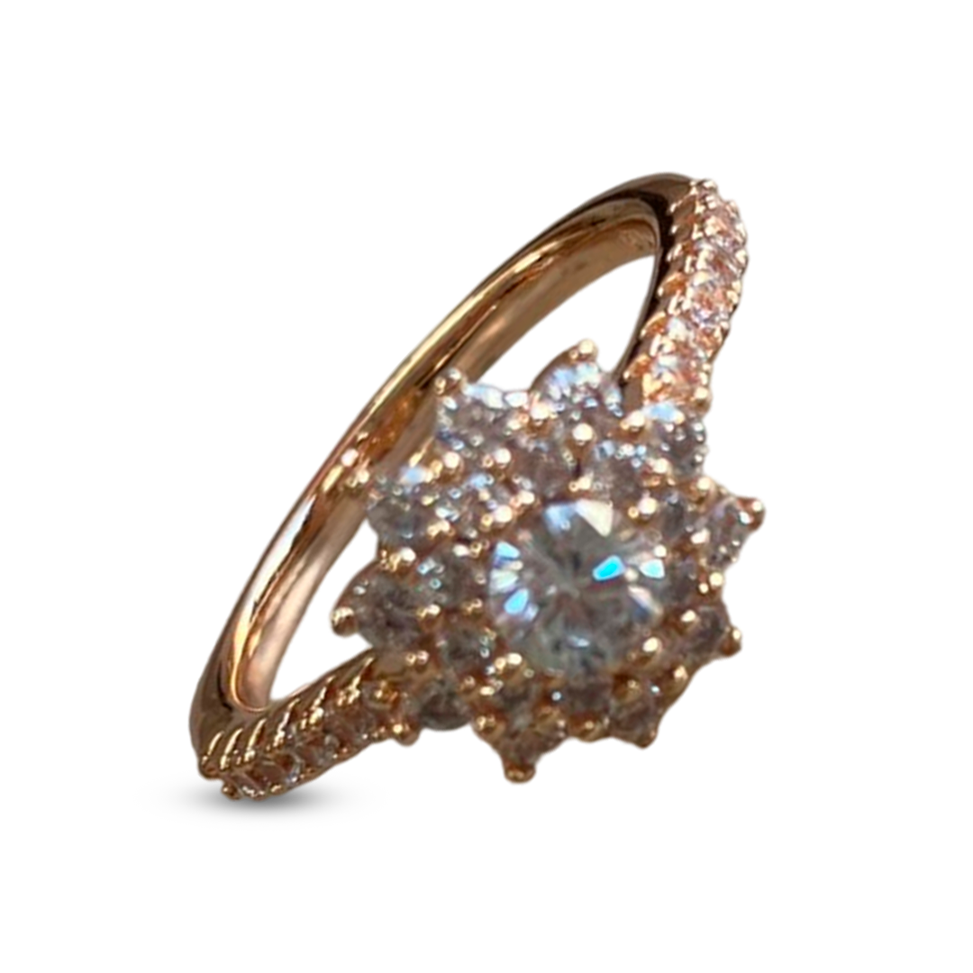 Stainless steel ring with flower and diamond design