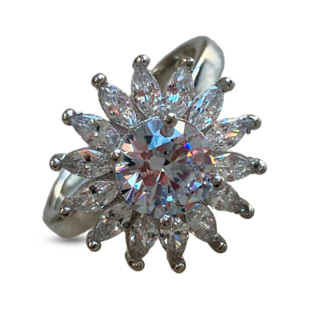 Stainless steel ring with large flower design and diamonds