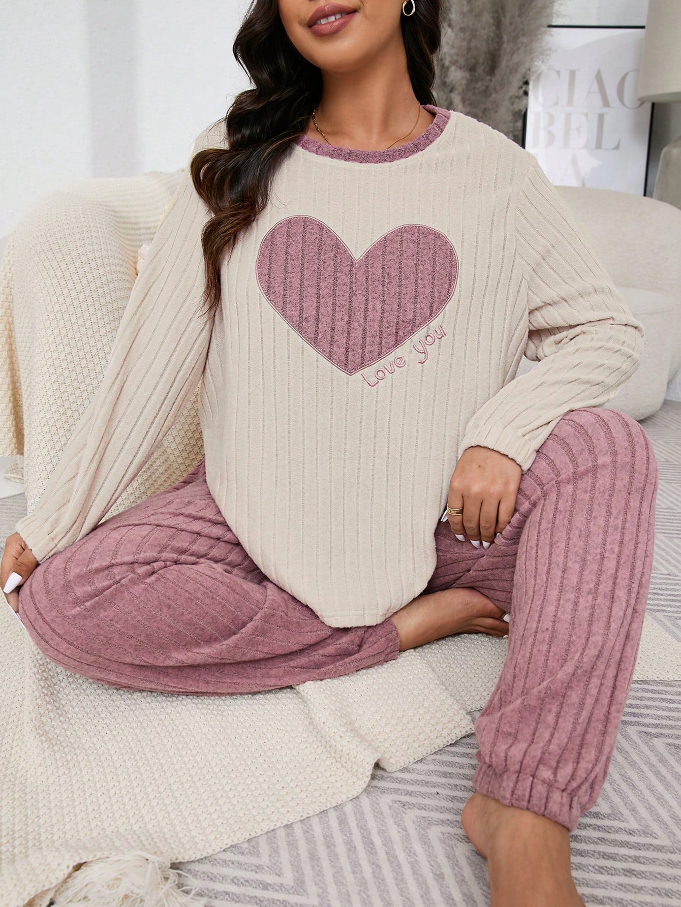 Comfy Long Pajama Set with Heart and "Love You" Design