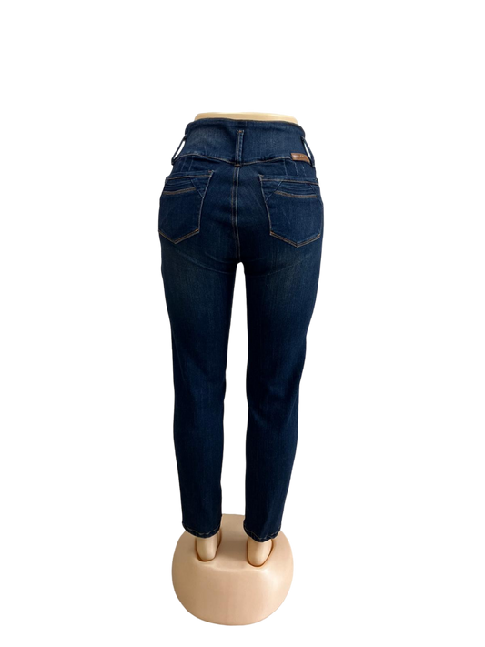 High-Waist Dark Blue Pants with Brown Stitching