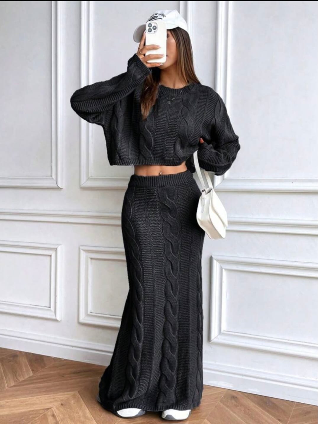 Elegant Long Skirt and Cropped Sweater Set with Braided Design – Cotton Knit