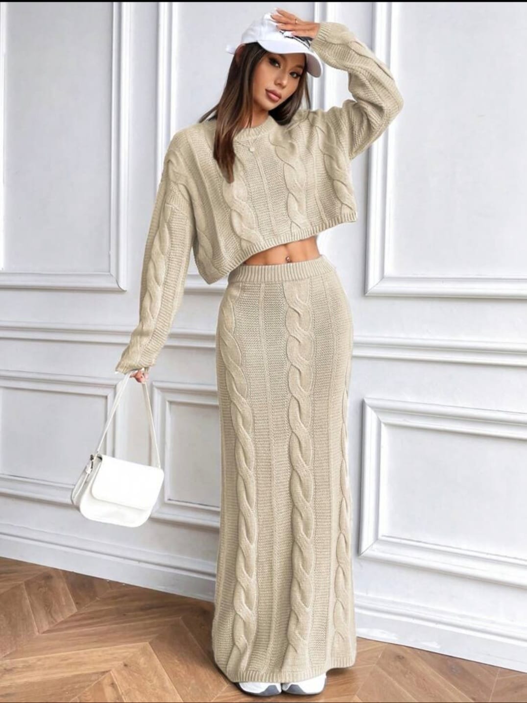 Elegant Long Skirt and Cropped Sweater Set with Braided Design – Cotton Knit