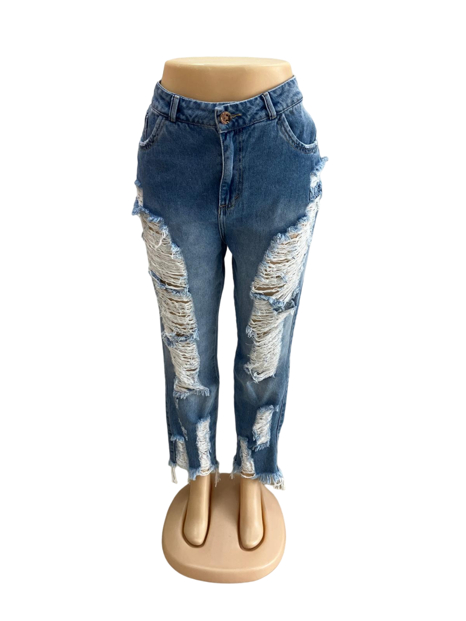Plus-Size Wide-Leg Pants with Distressed Design and White Straps