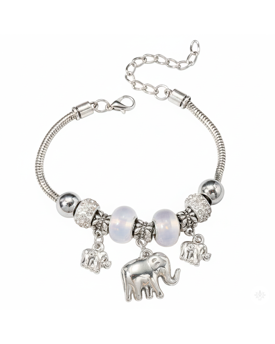 Pulsera plateada con dijes de elefantes y cuentas nacaradas