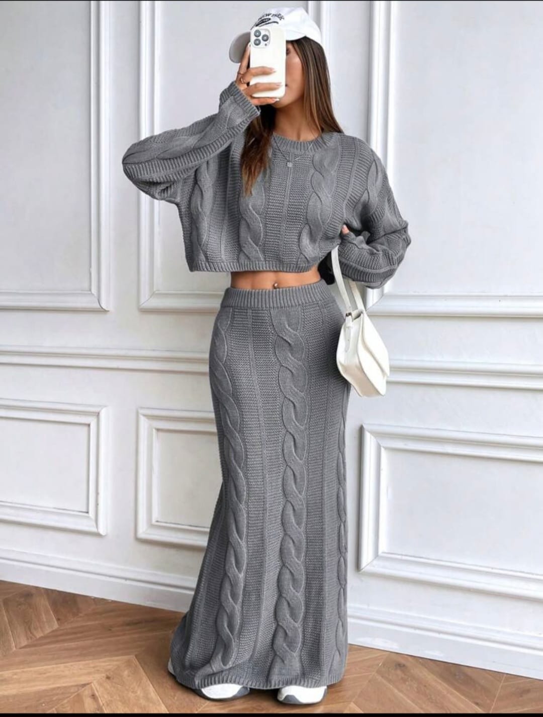 Elegant Long Skirt and Cropped Sweater Set with Braided Design – Cotton Knit