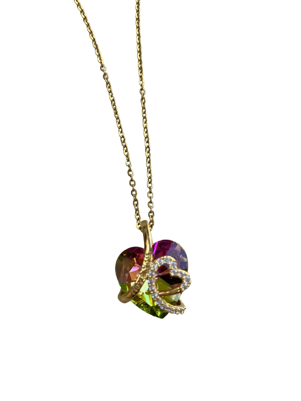 stainless steel chain With a heart design and around another heart with diamonds and letters