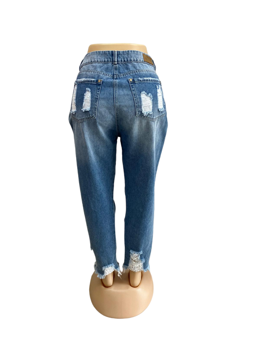 Plus-Size Wide-Leg Pants with Distressed Design and White Straps