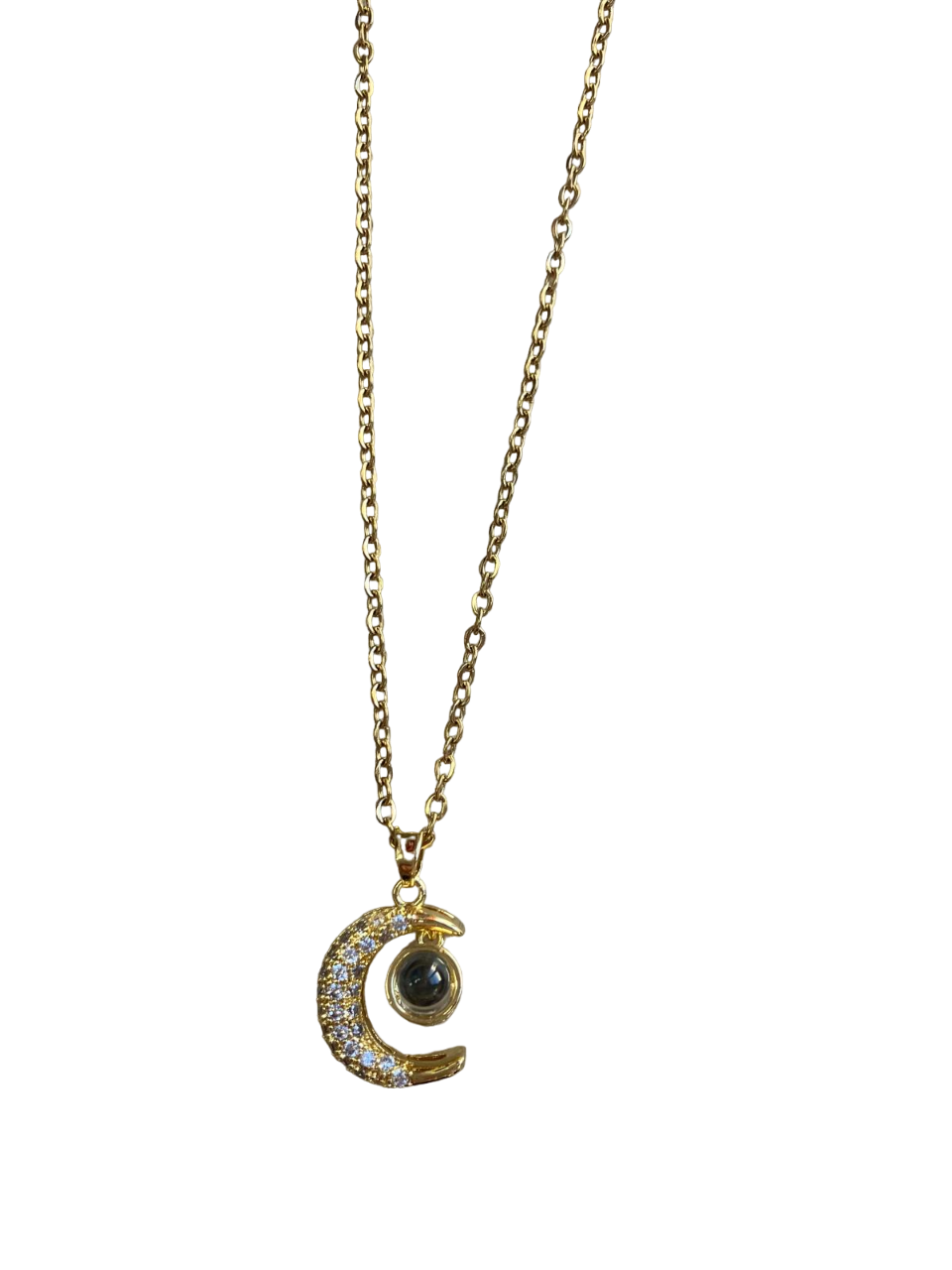 Stainless steel chain with moon design with diamonds and a circle