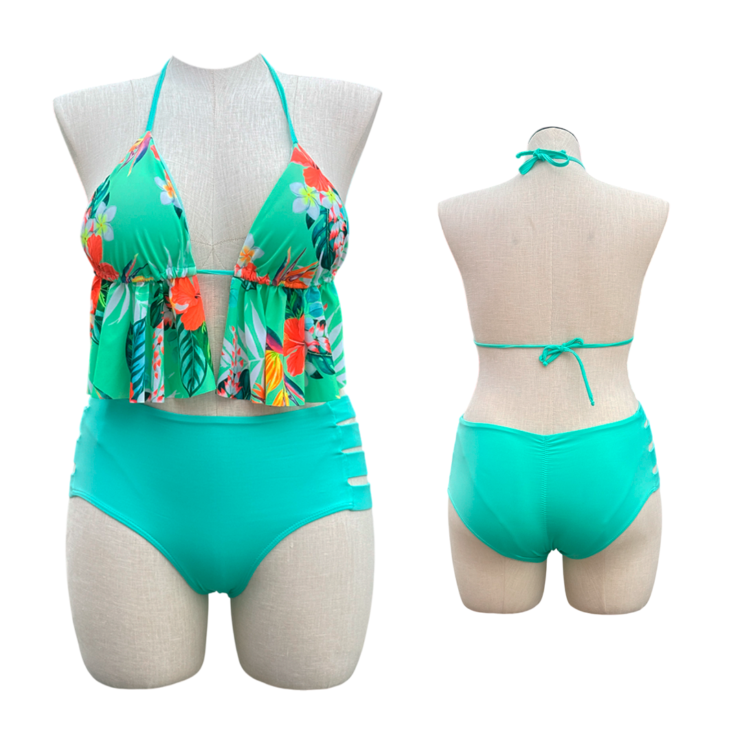 Two-piece swimsuit with open side straps