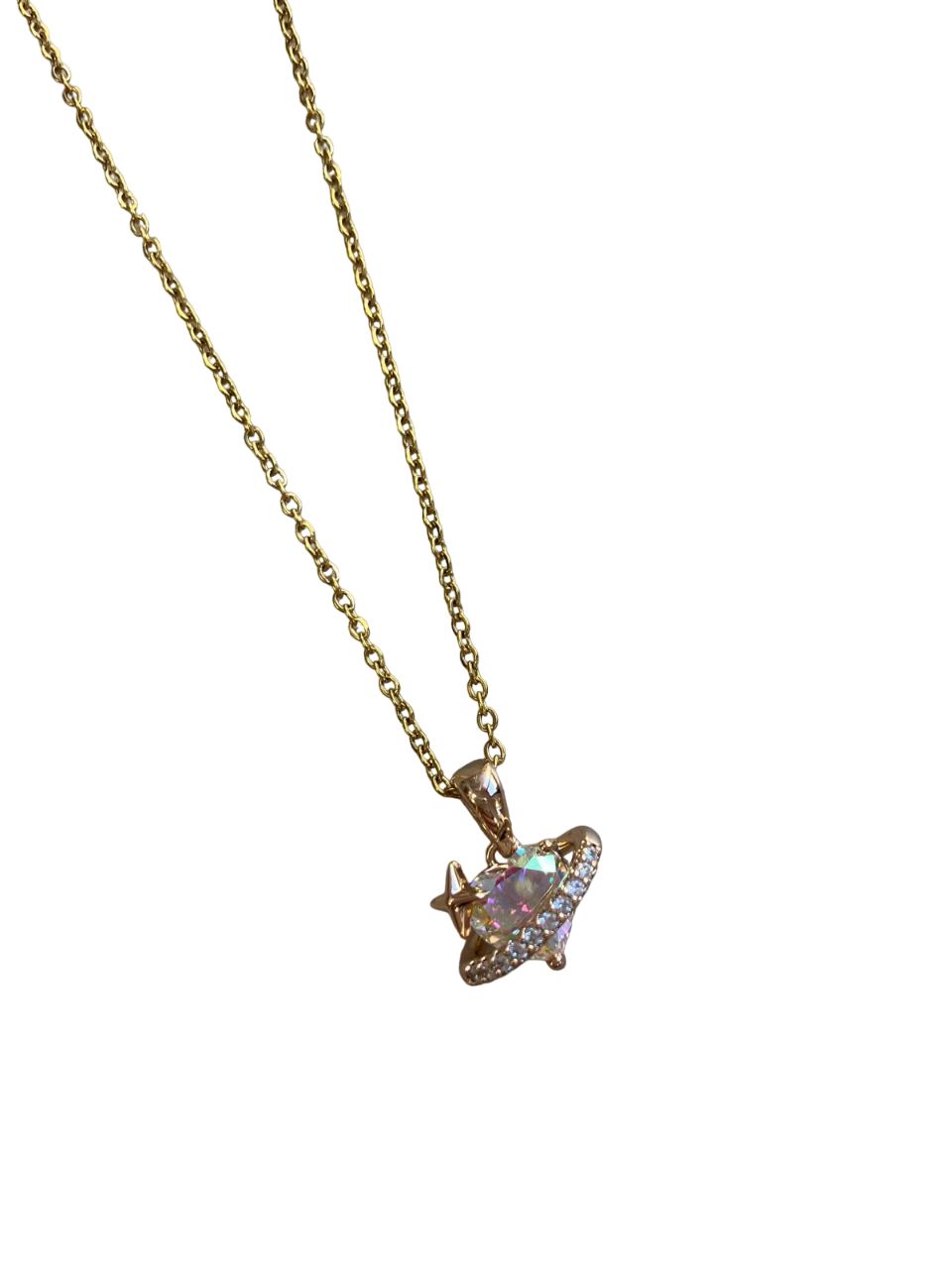 Stainless steel chain With a heart design with a star and a line with diamonds around it