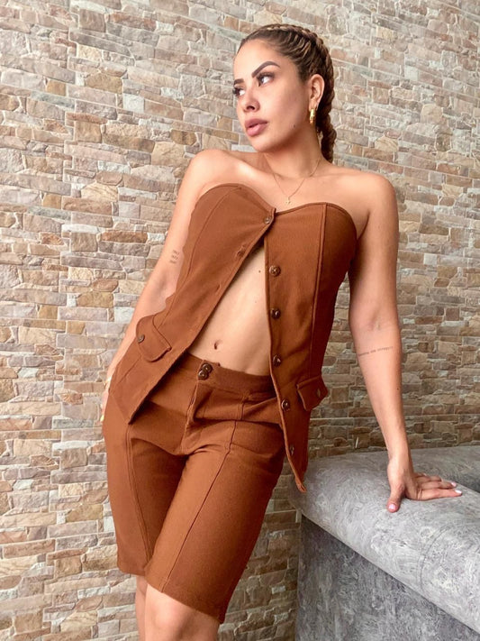 Strapless Button-Down Shorts Set with Front Pocket Design