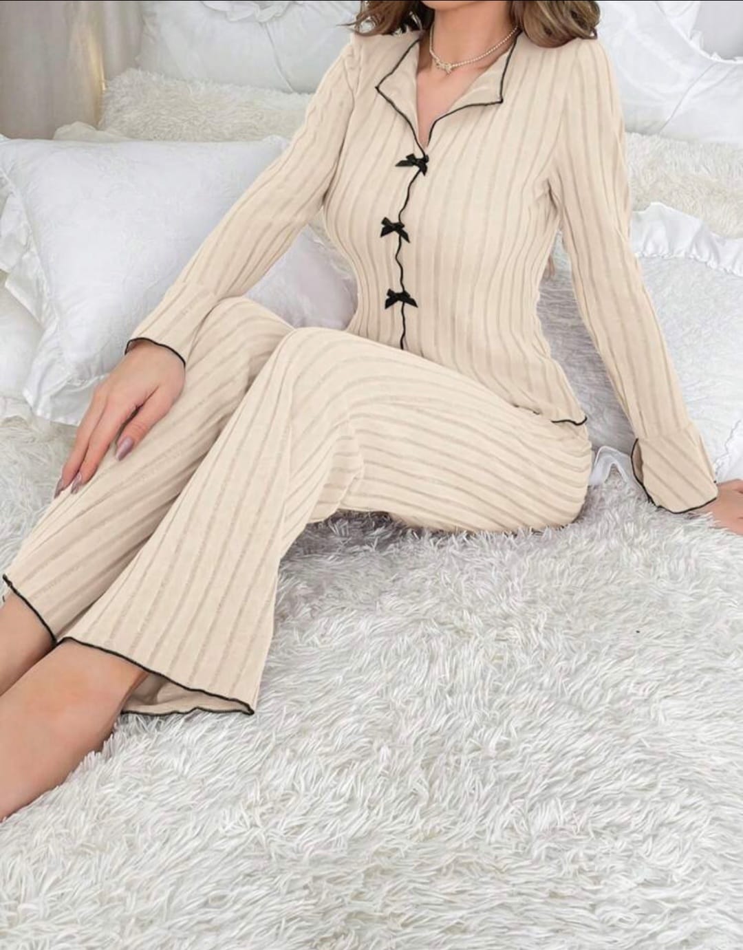 Bow Detail Cotton Pajama Set