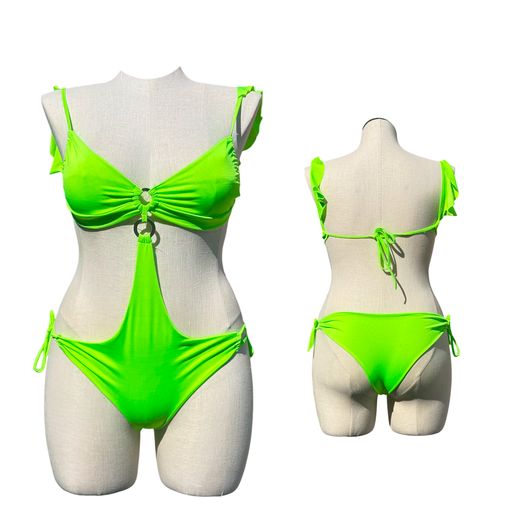 One-piece swimsuit Green color open at the sides with silver ring