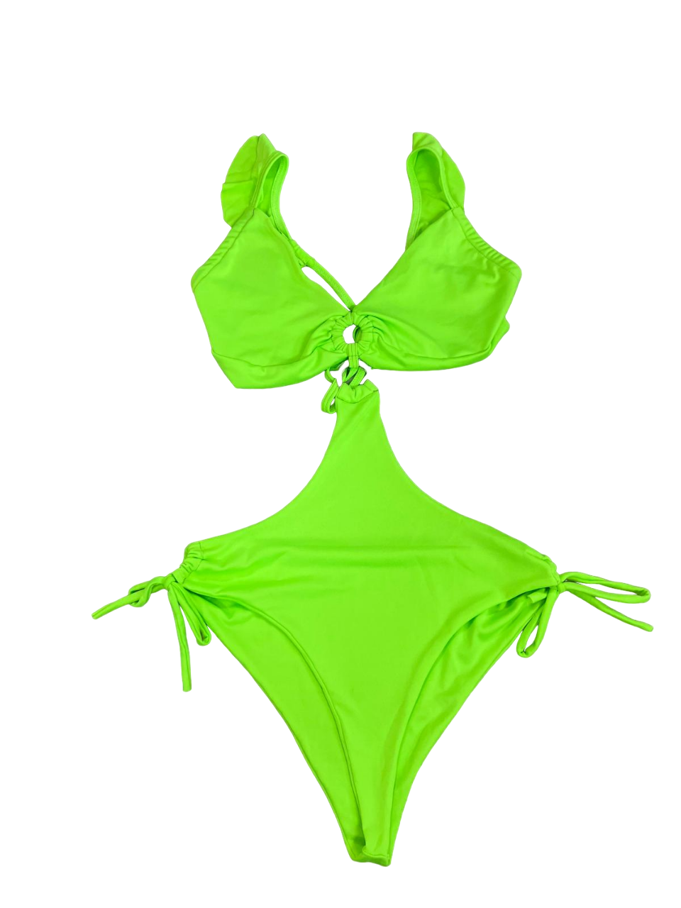 Neon green one-piece swimsuit open at the sides with silver ring