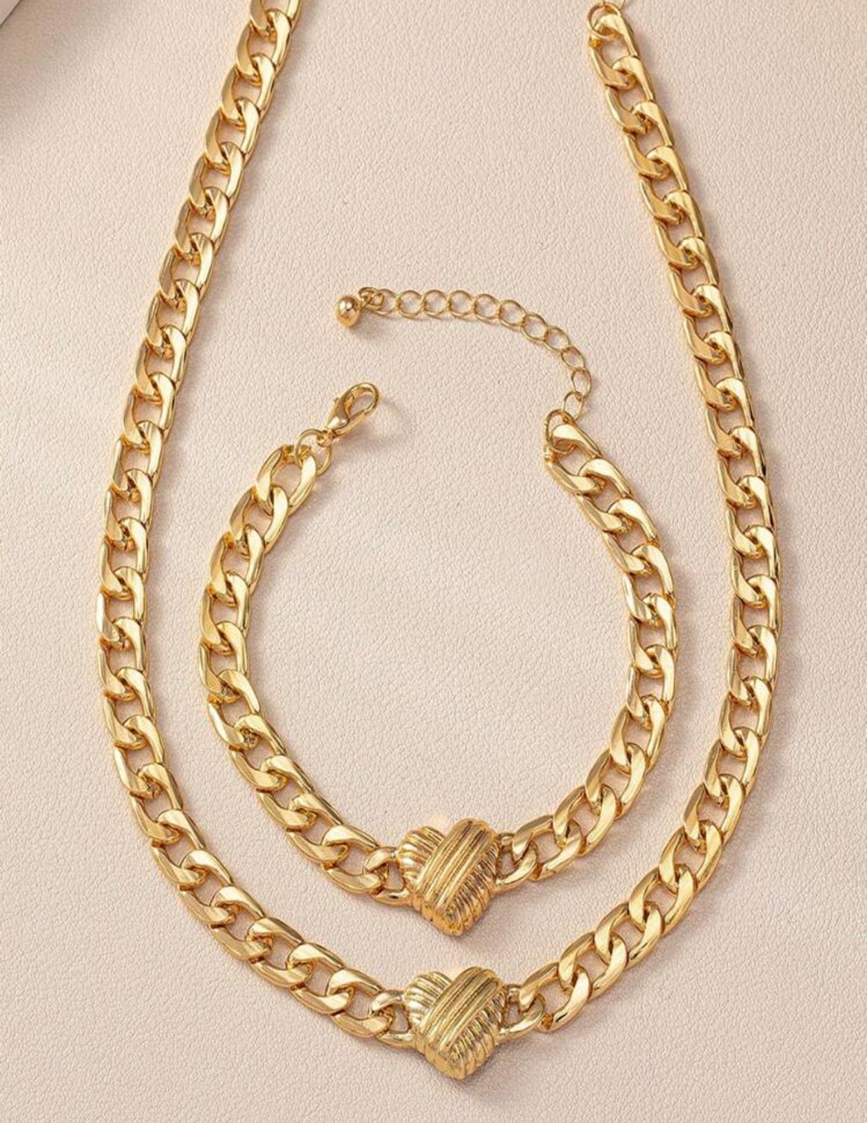 Elegant Braided Choker and Bracelet Set with Heart Charm – Stainless Steel