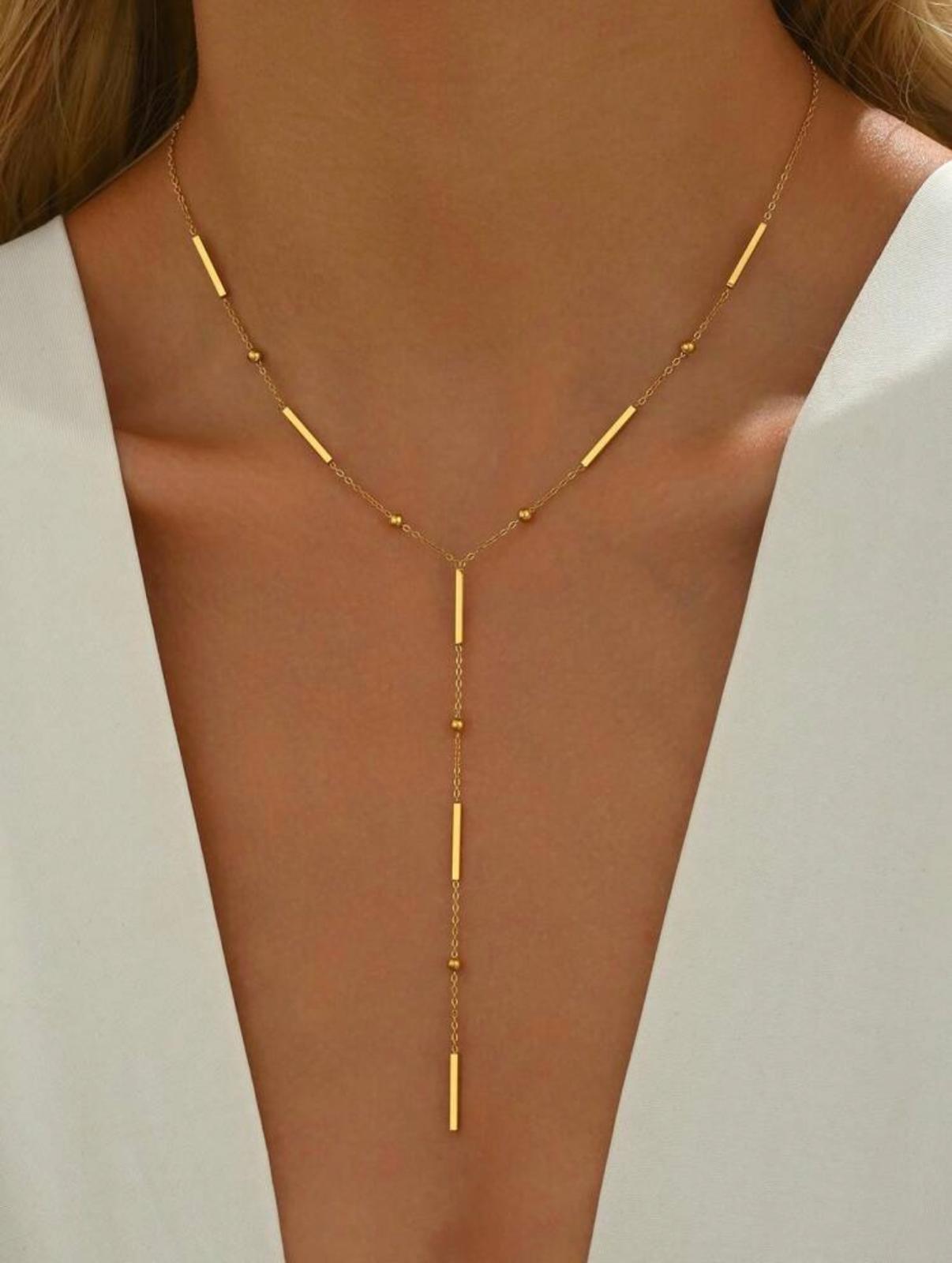 Super Elegant Stainless Steel Necklace with Gold Beads and Thin Rectangular Designs