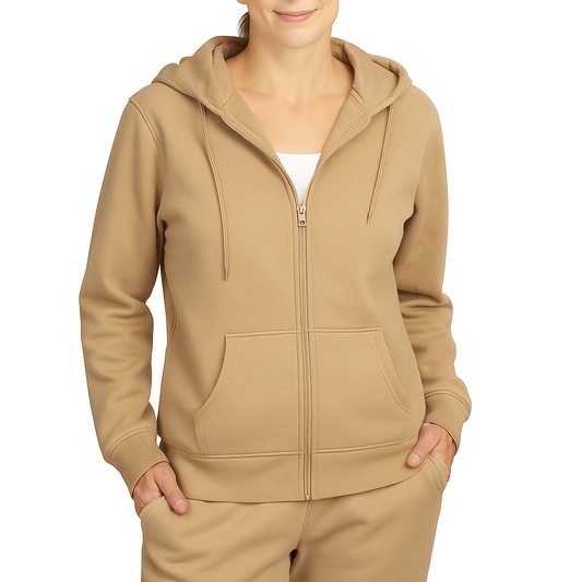 Single-Color Hoodie with Front Zipper and Side Pockets