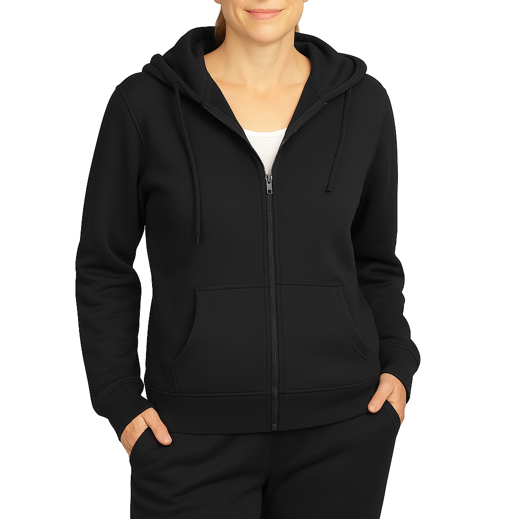 Single-Color Hoodie with Front Zipper and Side Pockets