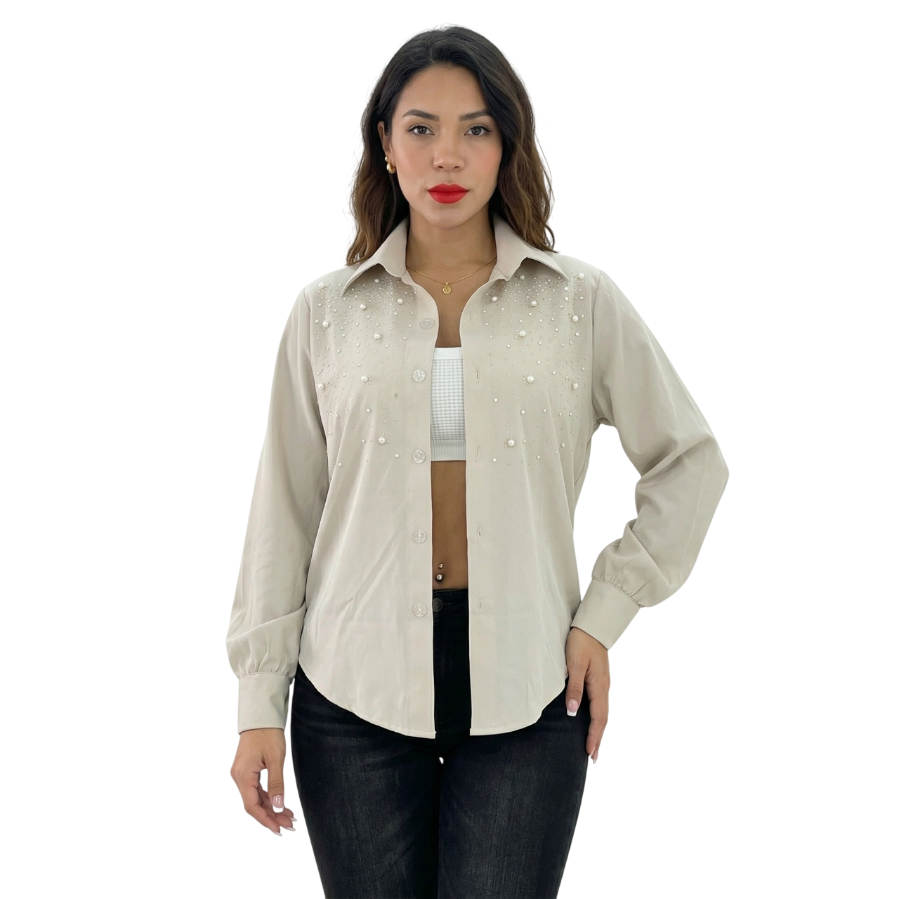 Long Sleeve Button Down Collar Shirt with Diamond and Pearl Designs