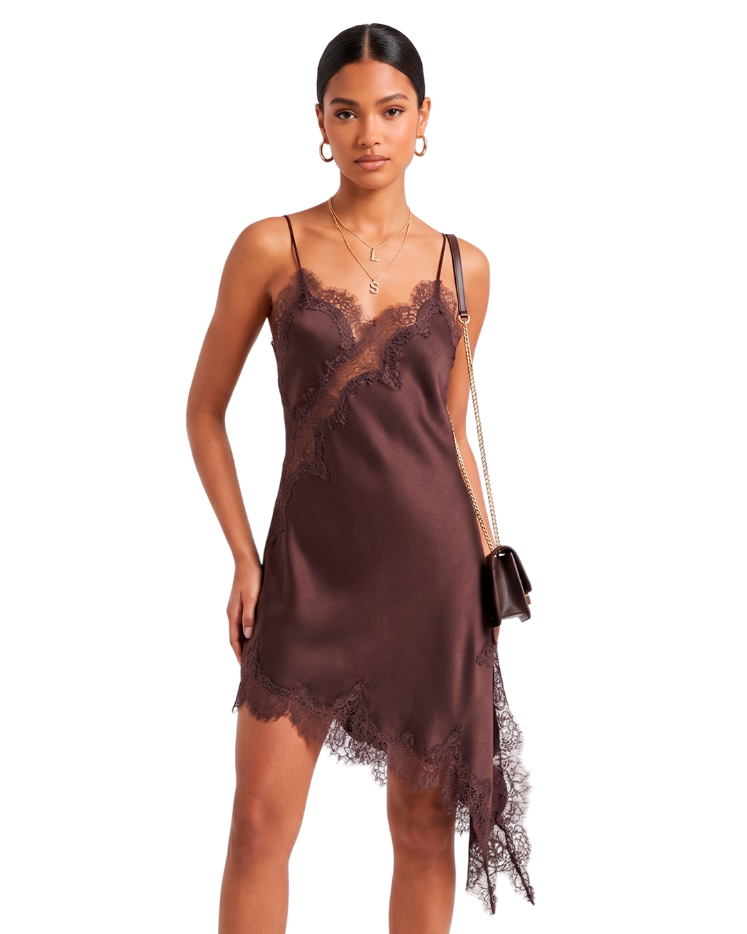 Vestido Satinado Asimétrico con Encaje Elegante