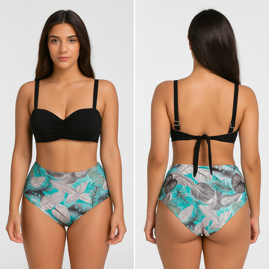 Two-piece black and flower print swimsuit