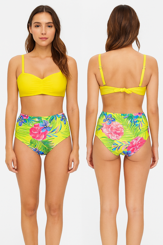 Yellow two-piece swimsuit with flowers