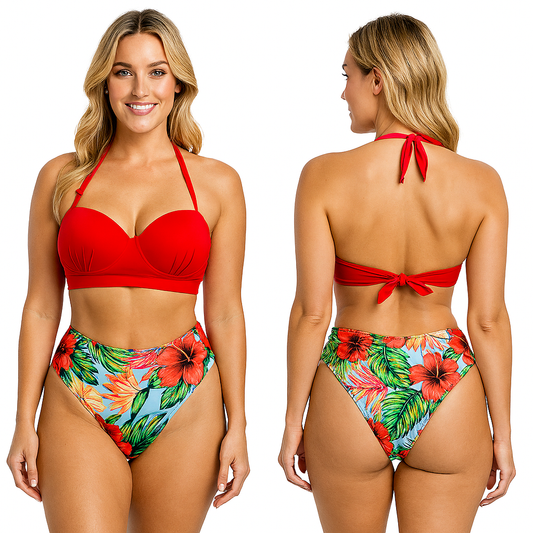 Two-piece swimsuit with red straps and floral print