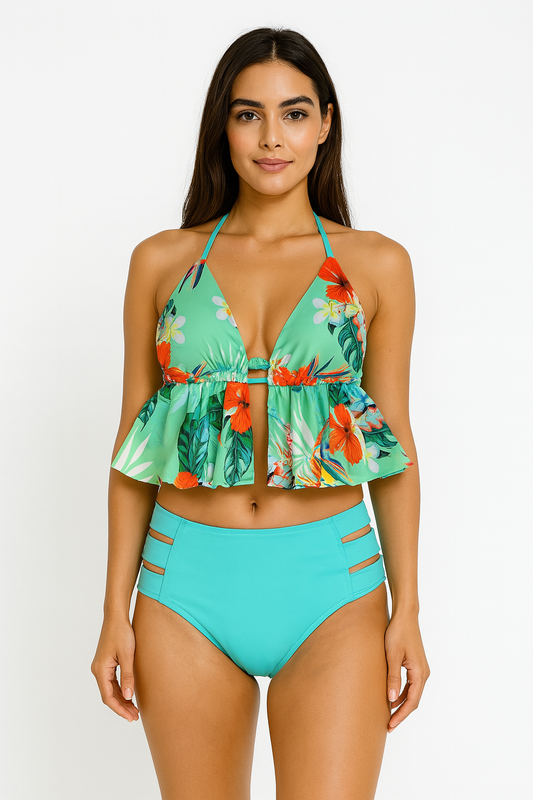 Two-piece swimsuit with open side straps