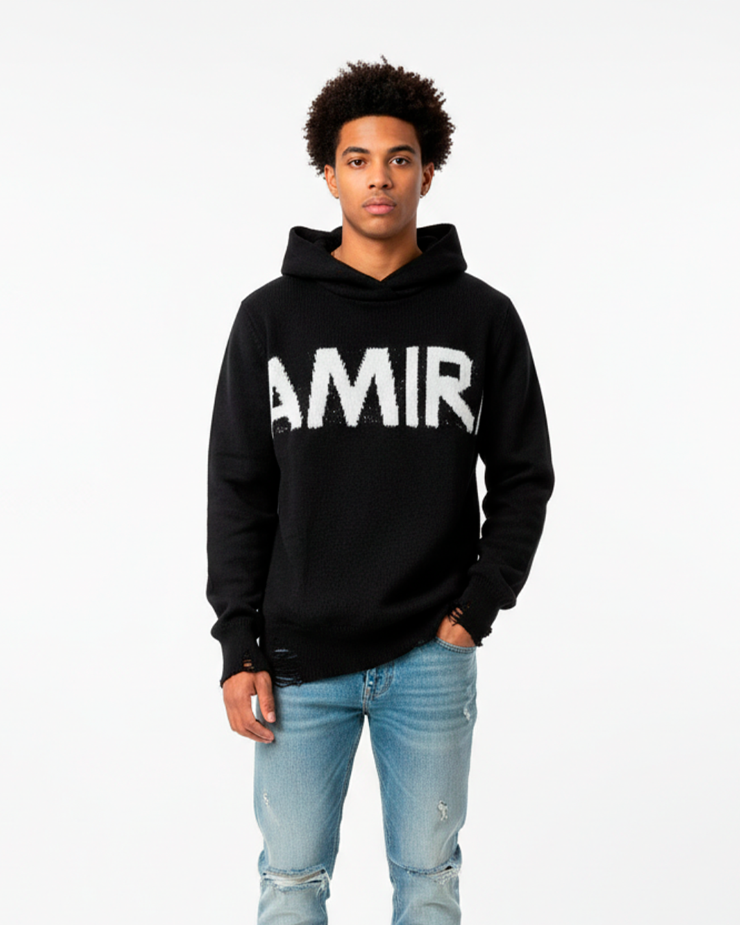 Hoodie Negro AMIRI tejido y Acabado Desgastado
