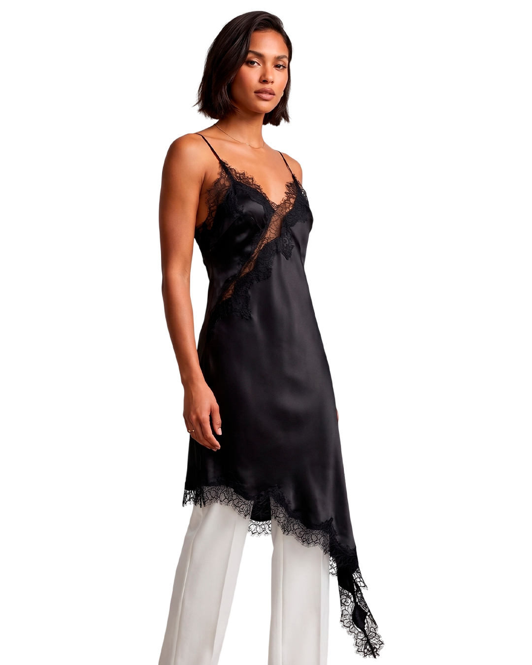 Vestido Satinado Asimétrico con Encaje Elegante