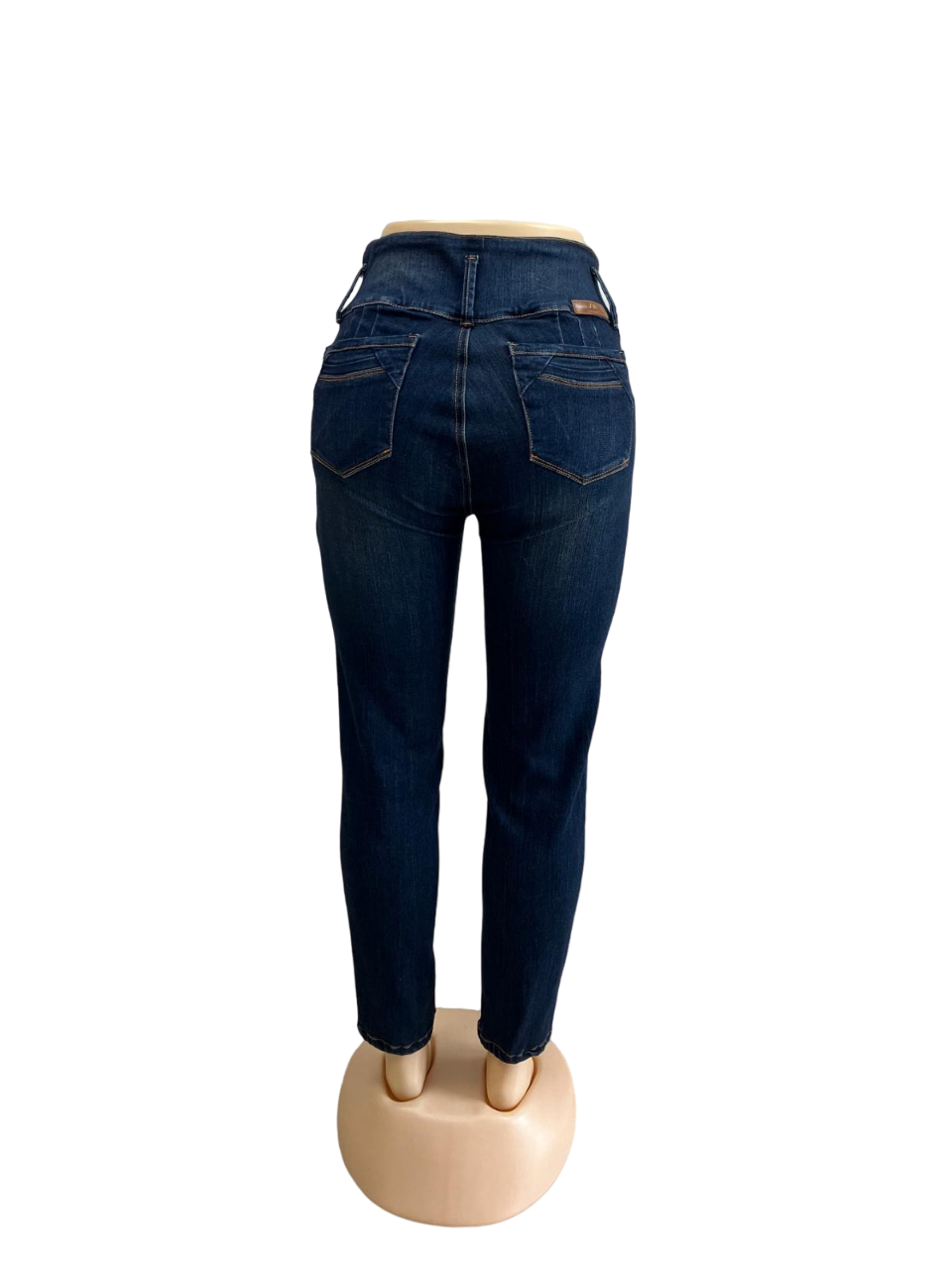 High-Waist Dark Blue Pants with Brown Stitching