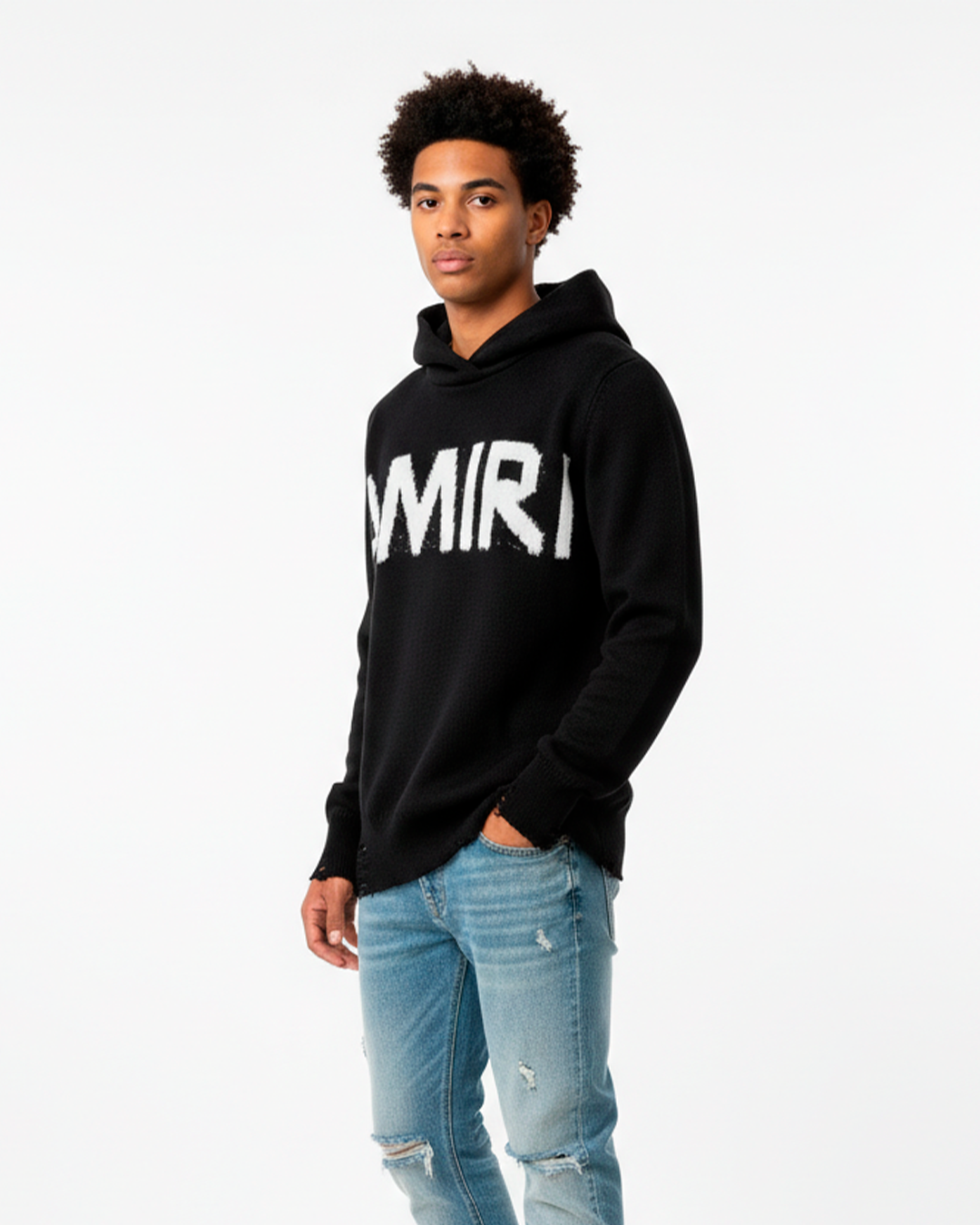 Hoodie Negro AMIRI tejido y Acabado Desgastado