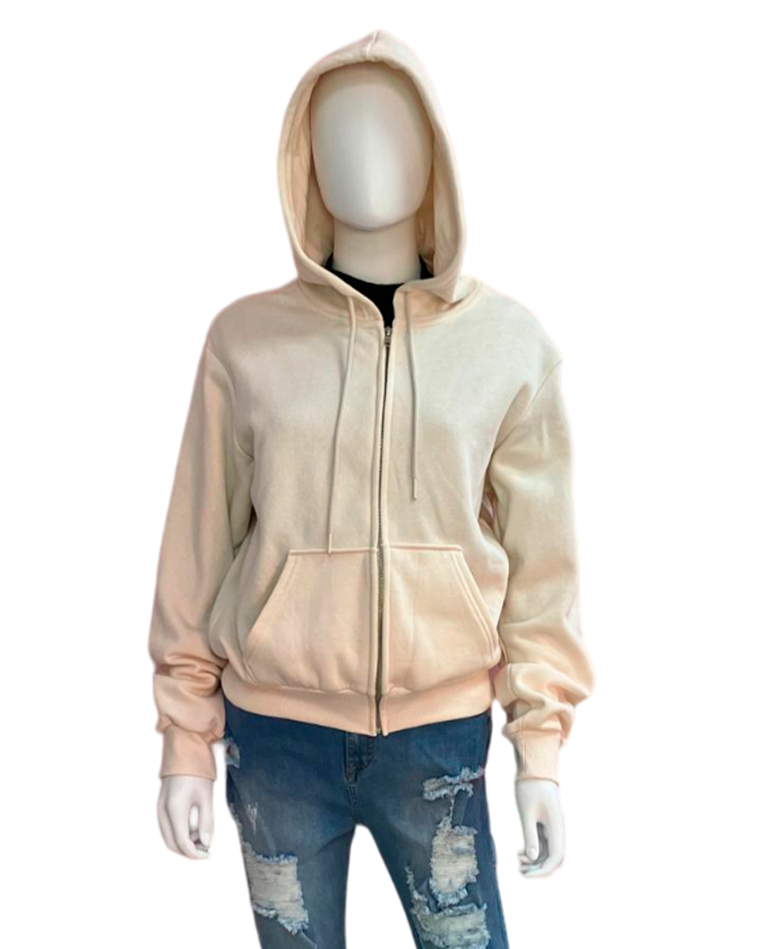 Single-Color Hoodie with Front Zipper and Side Pockets