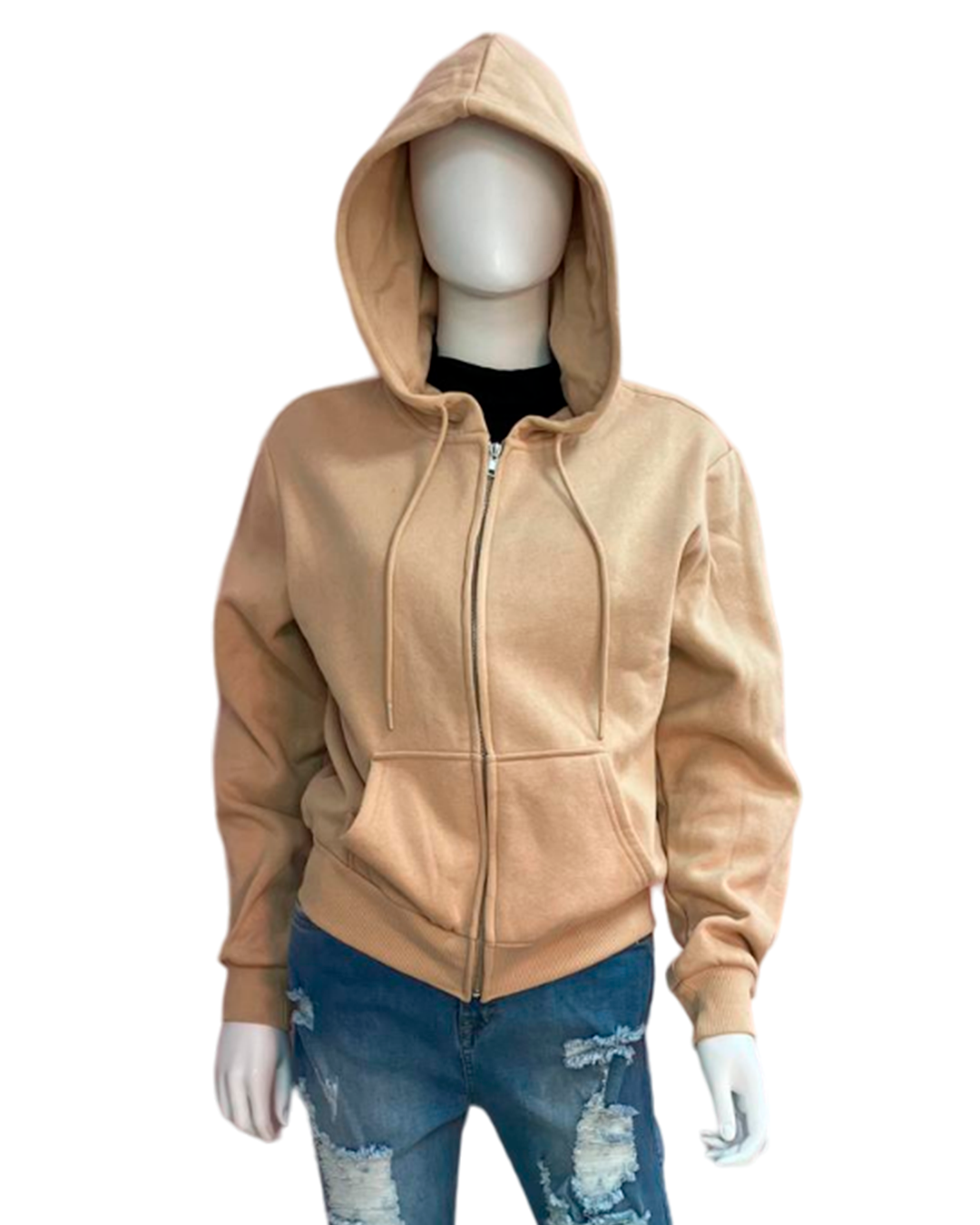 Single-Color Hoodie with Front Zipper and Side Pockets