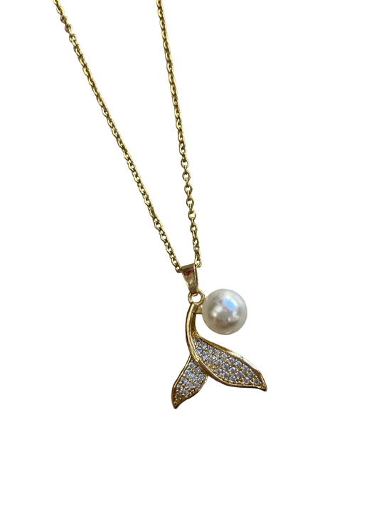 stainless steel chain  Mermaid tail design with small diamonds and a pearl