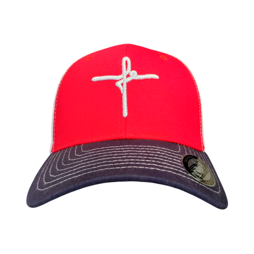 Gorra Roja y Negra con Bordado de Cruz