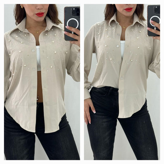 Long Sleeve Button Down Collar Shirt with Diamond and Pearl Designs