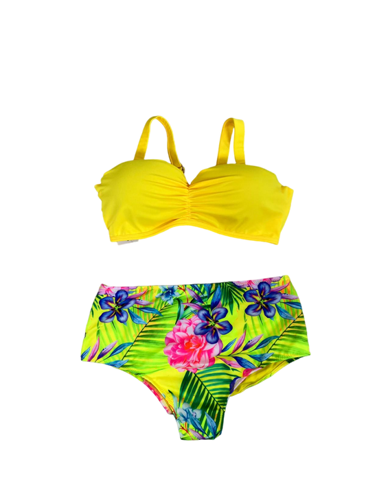 Yellow two-piece swimsuit with flowers