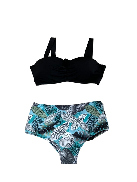 Two-piece black and flower print swimsuit