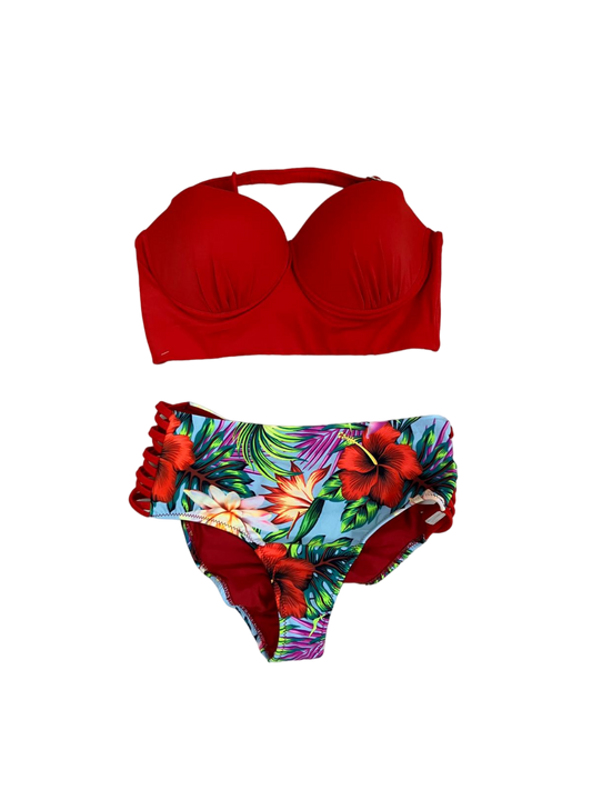 Two-piece swimsuit with red straps and floral print