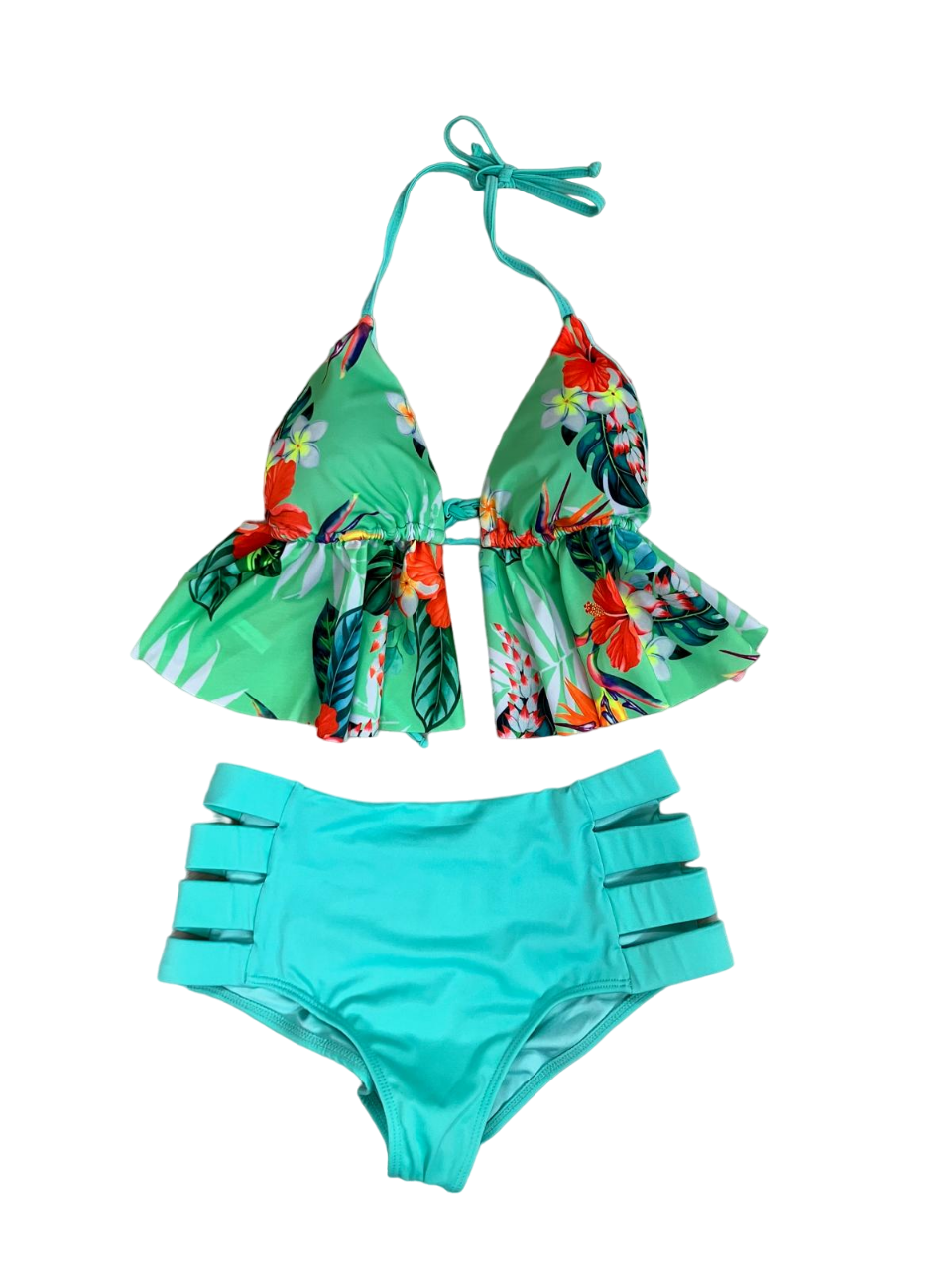 Two-piece swimsuit with open side straps