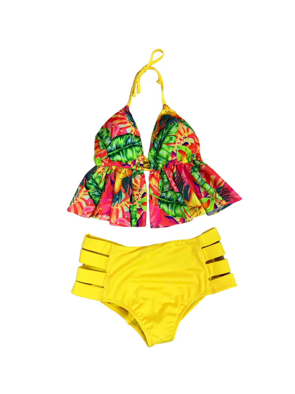 Neon yellow two-piece swimsuit with floral prints