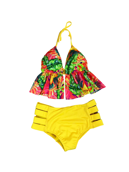 Neon yellow two-piece swimsuit with floral prints