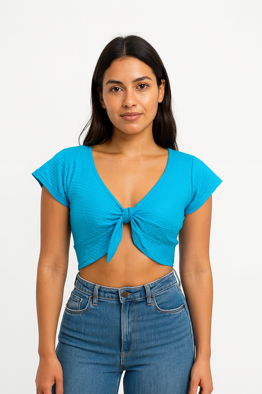 Lycra top with semi-short sleeves and front bow
