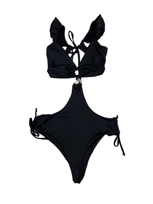 Complete black swimsuit open at the sides with silver circle