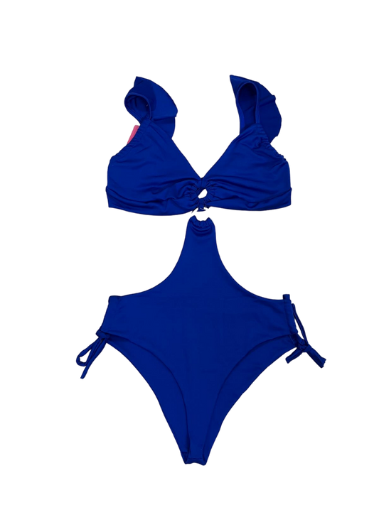 Complete swimsuit in blue color open at the sides with silver ring