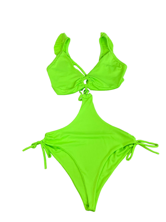Neon green one-piece swimsuit open at the sides with silver ring