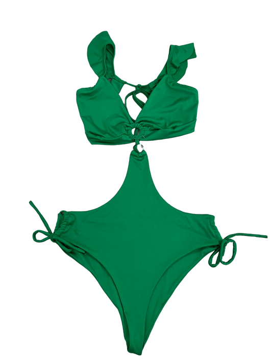 One-piece swimsuit Green color open at the sides with silver ring