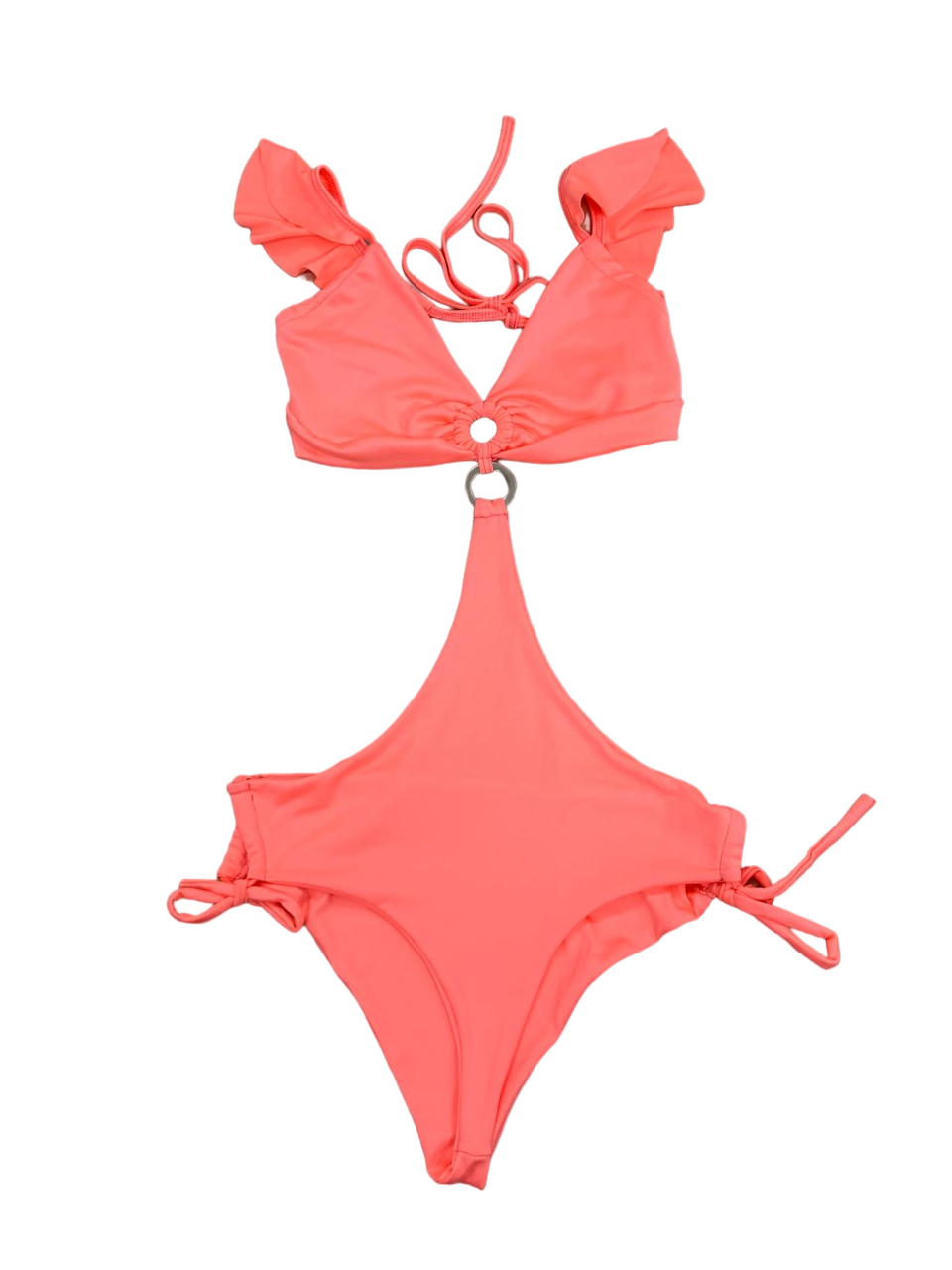 Neon Peach Color one-piece swimsuit open at the sides with silver ring