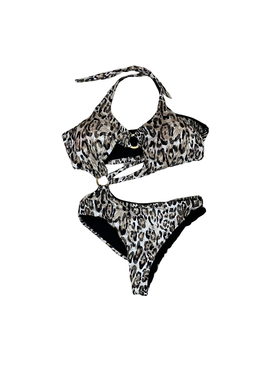 Black one-piece swimsuit with leopard design and open gold ring